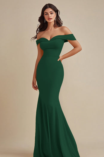 Black Satin Off the Shoulder Long Mermaid Evening Dress