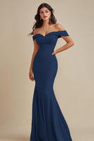 Load image into Gallery viewer, Black Satin Off the Shoulder Long Mermaid Evening Dress