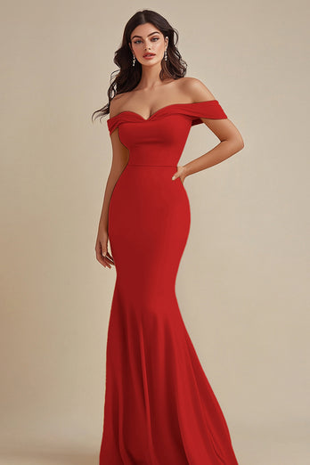 Black Satin Off the Shoulder Long Mermaid Evening Dress