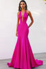 Load image into Gallery viewer, Fuchsia Satin Halter Long Mermaid Evening Dress