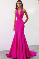 Load image into Gallery viewer, Fuchsia Satin Halter Long Mermaid Evening Dress