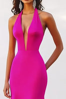 Load image into Gallery viewer, Fuchsia Satin Halter Long Mermaid Evening Dress