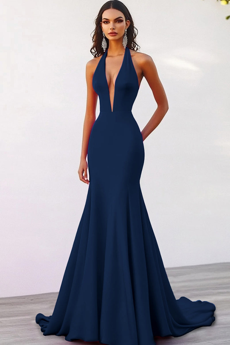 Load image into Gallery viewer, Fuchsia Satin Halter Long Mermaid Evening Dress