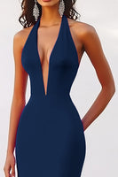 Load image into Gallery viewer, Fuchsia Satin Halter Long Mermaid Evening Dress