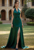 Load image into Gallery viewer, Dark Green Satin Halter A Line Long Evening Dress with Slit