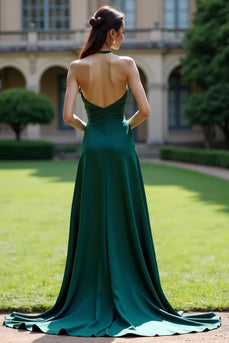 Dark Green Satin Halter A Line Long Evening Dress with Slit