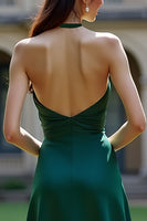 Load image into Gallery viewer, Dark Green Satin Halter A Line Long Evening Dress with Slit