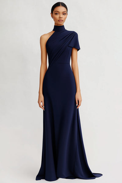 Navy Sheath Satin One Shoulder Long Evening Dress