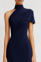Load image into Gallery viewer, Navy Sheath Satin One Shoulder Long Evening Dress