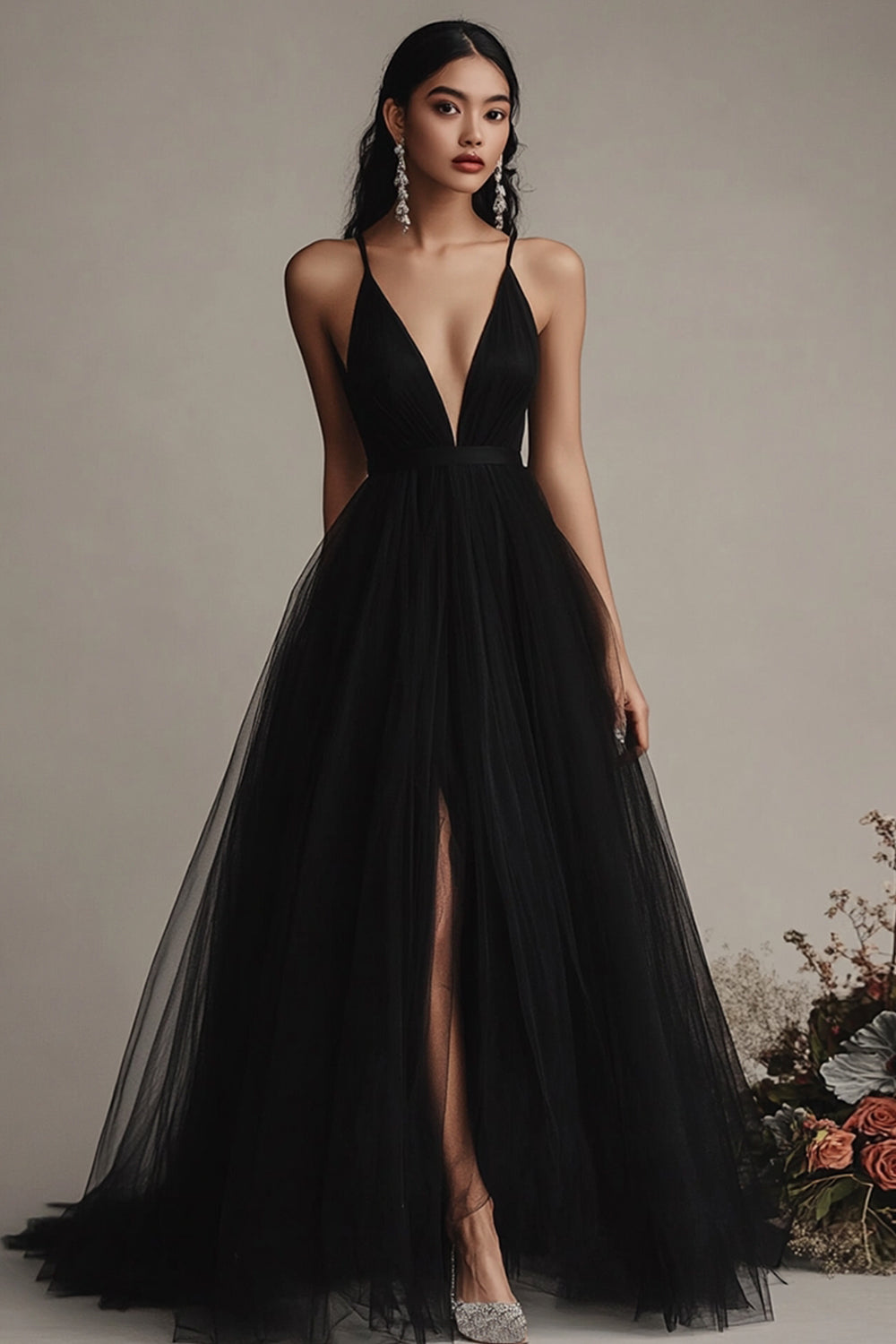 Black Tulle Spaghetti Straps A Line Long Evening Dress with Slit