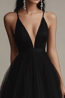 Load image into Gallery viewer, Black Tulle Spaghetti Straps A Line Long Evening Dress with Slit