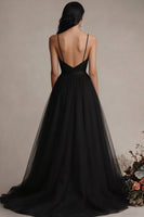Load image into Gallery viewer, Black Tulle Spaghetti Straps A Line Long Evening Dress with Slit