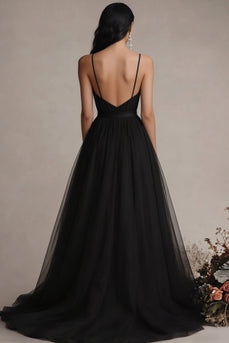 Black Tulle Spaghetti Straps A Line Long Evening Dress with Slit