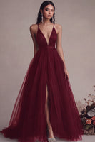 Load image into Gallery viewer, Black Tulle Spaghetti Straps A Line Long Evening Dress with Slit