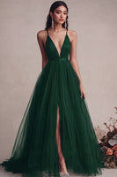 Load image into Gallery viewer, Black Tulle Spaghetti Straps A Line Long Evening Dress with Slit