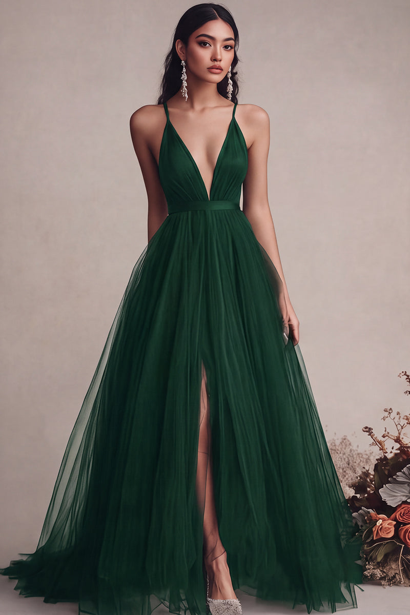 Load image into Gallery viewer, Black Tulle Spaghetti Straps A Line Long Evening Dress with Slit