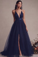 Load image into Gallery viewer, Black Tulle Spaghetti Straps A Line Long Evening Dress with Slit