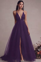 Load image into Gallery viewer, Black Tulle Spaghetti Straps A Line Long Evening Dress with Slit