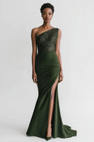 Load image into Gallery viewer, Sparkly Olive Mermaid Satin Long Evening Dress with Slit