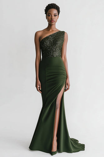 Sparkly Olive Mermaid Satin Long Evening Dress with Slit