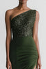 Load image into Gallery viewer, Sparkly Olive Mermaid Satin Long Evening Dress with Slit