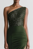 Load image into Gallery viewer, Sparkly Olive Mermaid Satin Long Evening Dress with Slit