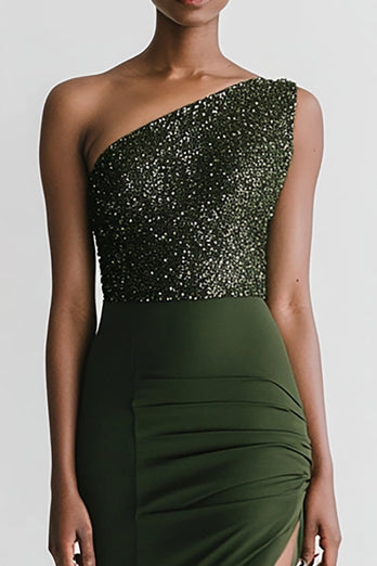 Sparkly Olive Mermaid Satin Long Evening Dress with Slit