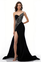 Load image into Gallery viewer, Sparkly Black Satin One Shoulder Mermaid Long Evening Dress with Slit