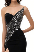 Load image into Gallery viewer, Sparkly Black Satin One Shoulder Mermaid Long Evening Dress with Slit