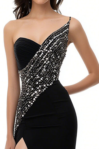 Sparkly Black Satin One Shoulder Mermaid Long Evening Dress with Slit