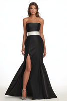 Load image into Gallery viewer, Black Satin Mermaid Strapless Long Evening Dress with Slit