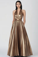 Load image into Gallery viewer, Gold Metallic Halter Pleated Long Evening Dress with Pockets