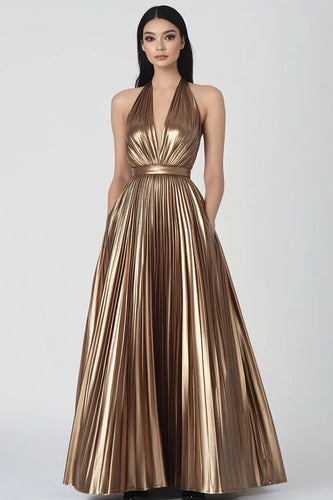 Gold Metallic Halter Pleated Long Evening Dress with Pockets