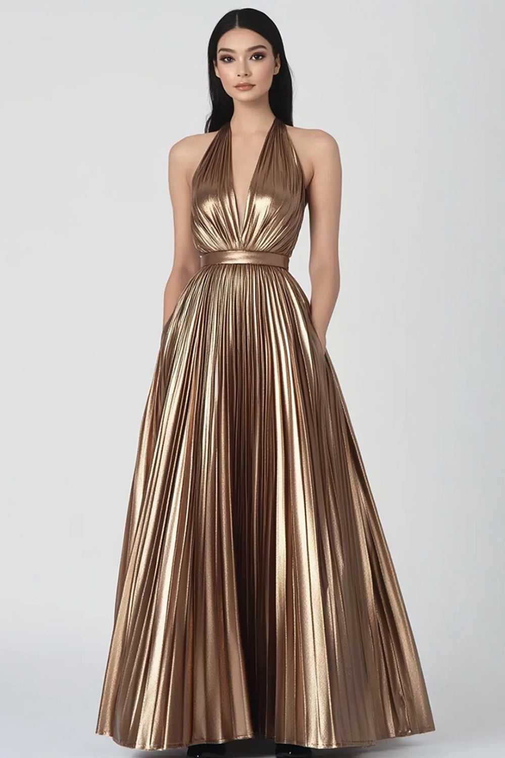 Gold Metallic Halter Pleated Long Evening Dress with Pockets