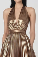 Load image into Gallery viewer, Gold Metallic Halter Pleated Long Evening Dress with Pockets