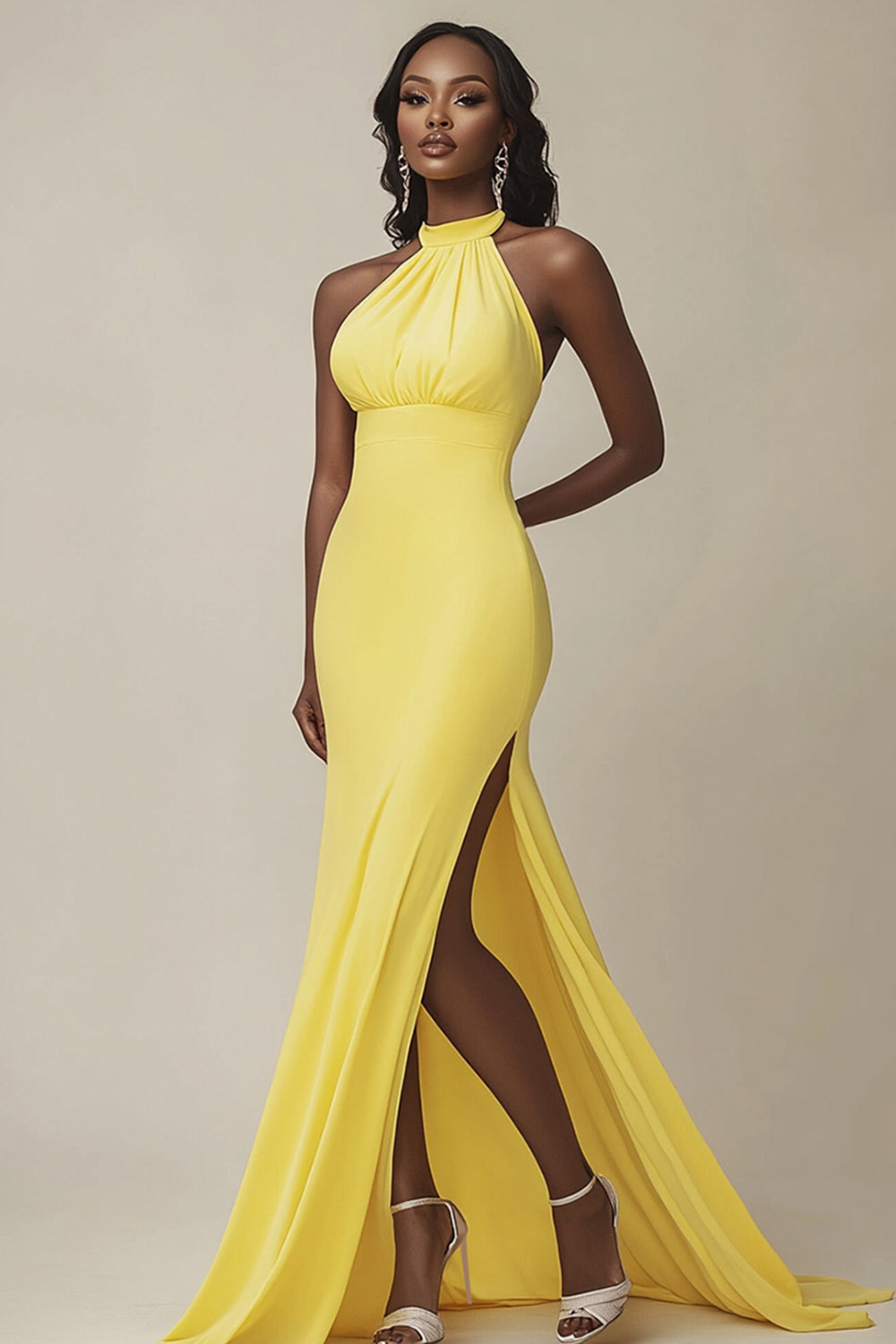 Yellow Mermaid Satin Halter Long Evening Dress with Slit