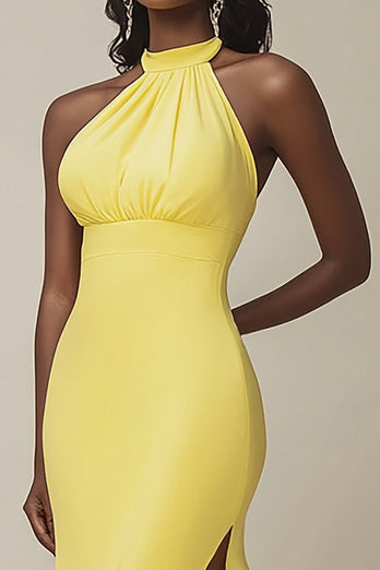 Yellow Mermaid Satin Halter Long Evening Dress with Slit
