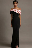 Load image into Gallery viewer, Black and Pink Off the Shoulder Satin Sheath Long Evening Dress