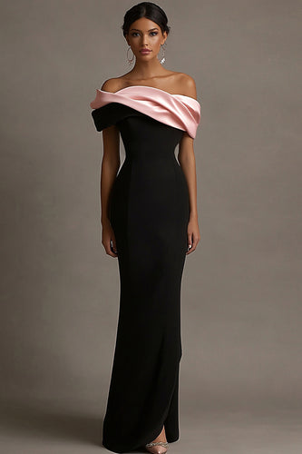 Black and Pink Off the Shoulder Satin Sheath Long Evening Dress