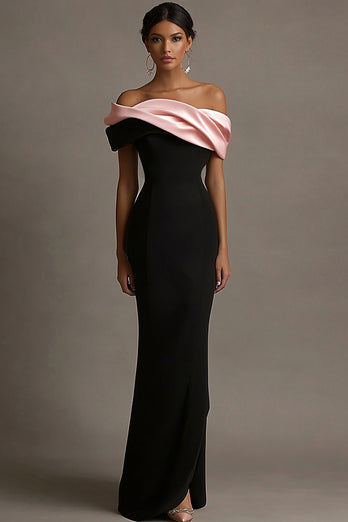 Black and Pink Off the Shoulder Satin Sheath Long Evening Dress