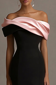 Black and Pink Off the Shoulder Satin Sheath Long Evening Dress