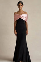 Load image into Gallery viewer, Black and Pink Sheath Off the Shoulder Long Satin Evening Dress