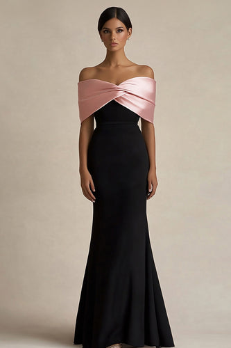 Black and Pink Sheath Off the Shoulder Long Satin Evening Dress