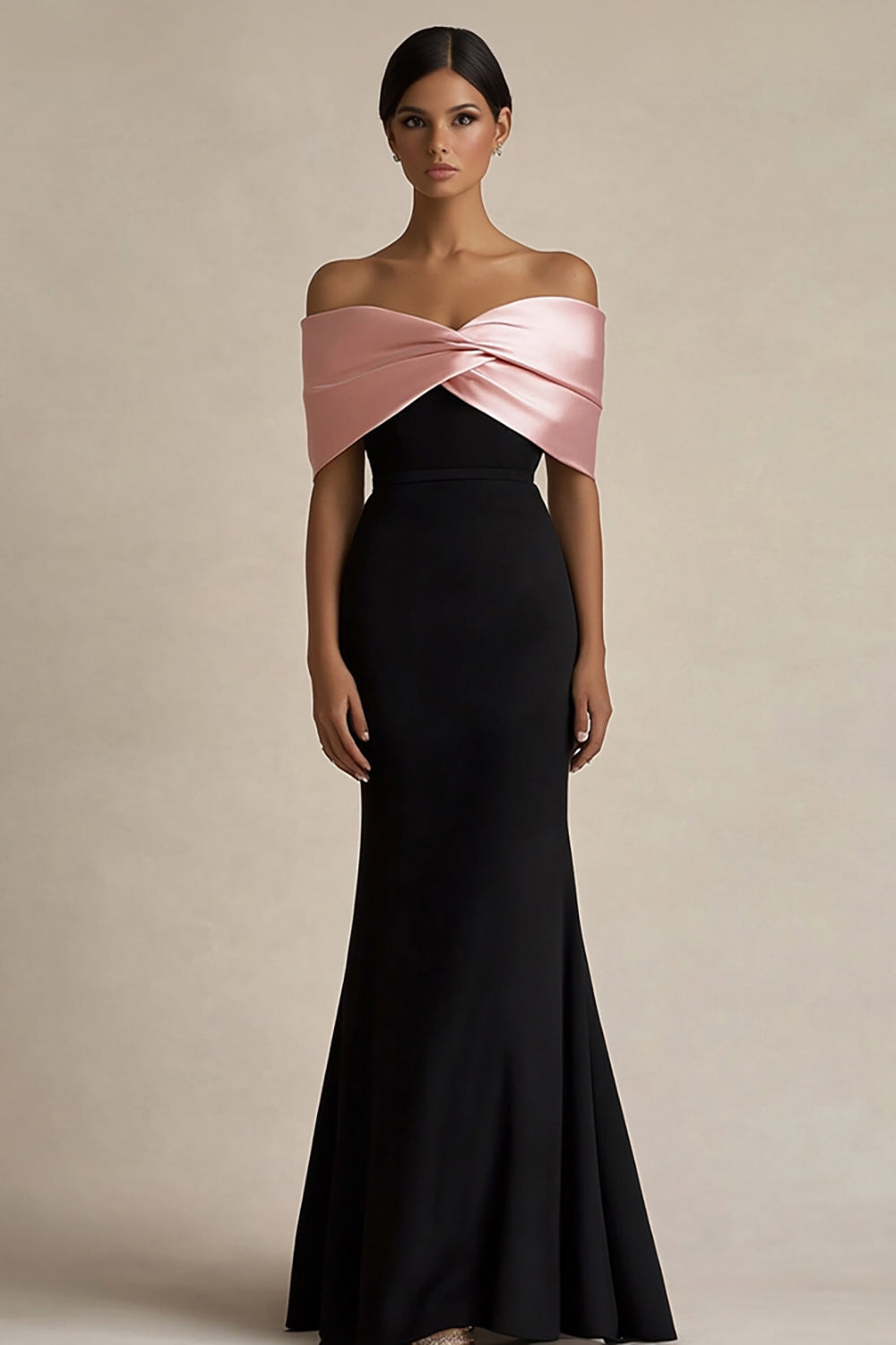 Black and Pink Sheath Off the Shoulder Long Satin Evening Dress