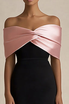 Black and Pink Sheath Off the Shoulder Long Satin Evening Dress