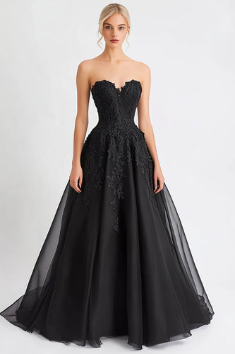 Black A Line Tulle Long Evening Dress with Lace