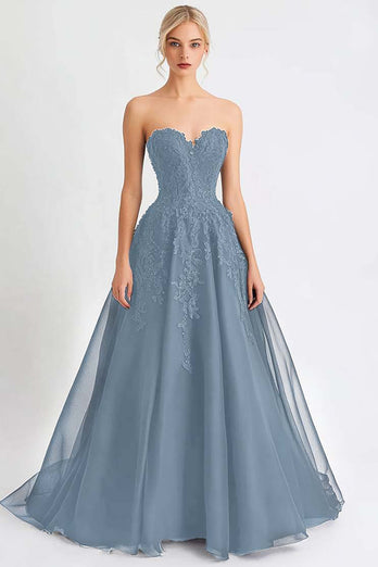 Black A Line Tulle Long Evening Dress with Lace