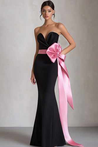 Black and Pink Sheath Satin Long Evening Dress with Bow
