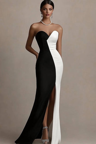 Black and White Satin Sheath Strapless Long Evening Dress with Slit