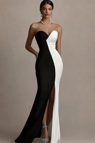 Black and White Strapless Satin Long Evening Dress with Slit